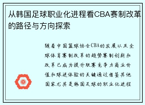 从韩国足球职业化进程看CBA赛制改革的路径与方向探索